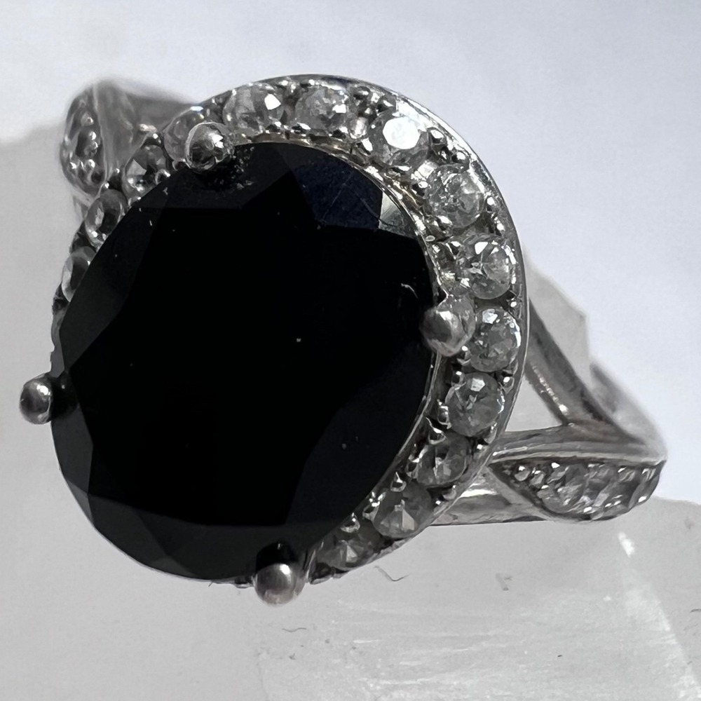 925 Sterling Silver Black Onyx Oval Halo Statement Ring Cubic‎ Zirconia Size 7